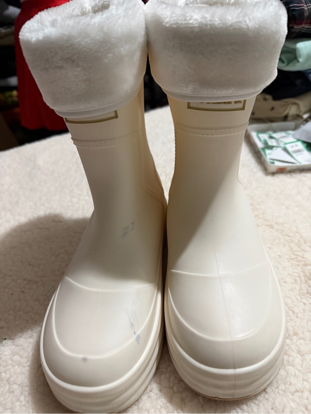 Women's Cream Fleece-Lined Winter Rain Boots